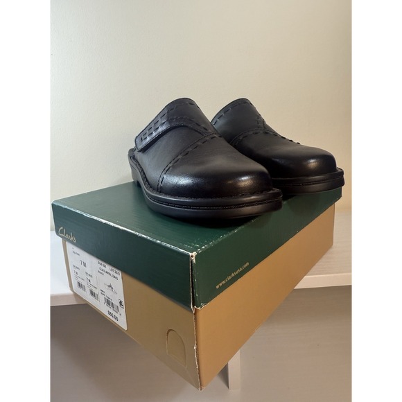 Clark Bendable April Daisy Mules Open Back Black Leather Clogs Size 7M - Picture 1 of 8